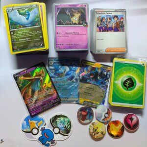 300+ Pokemon Cards Bundle LOT with Stickers & Button Pins!